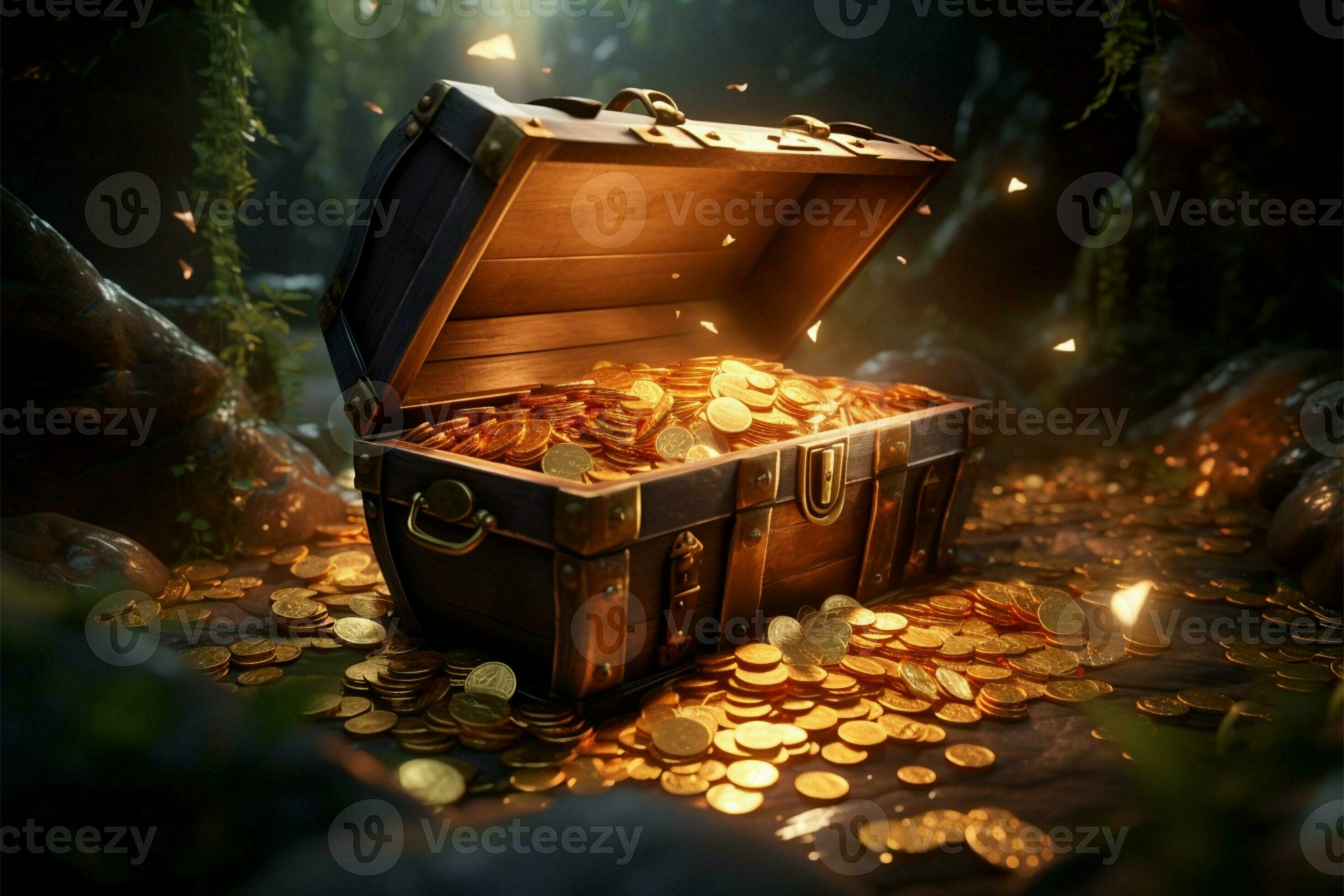Gold coins fill a treasure chest against an island paradise AI Generated  31587241 Stock Photo at Vecteezy