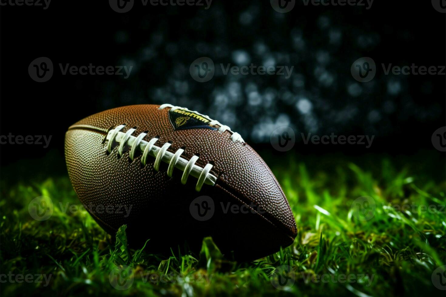 Gridiron ball on vibrant grass, starkly silhouetted against black AI Generated photo