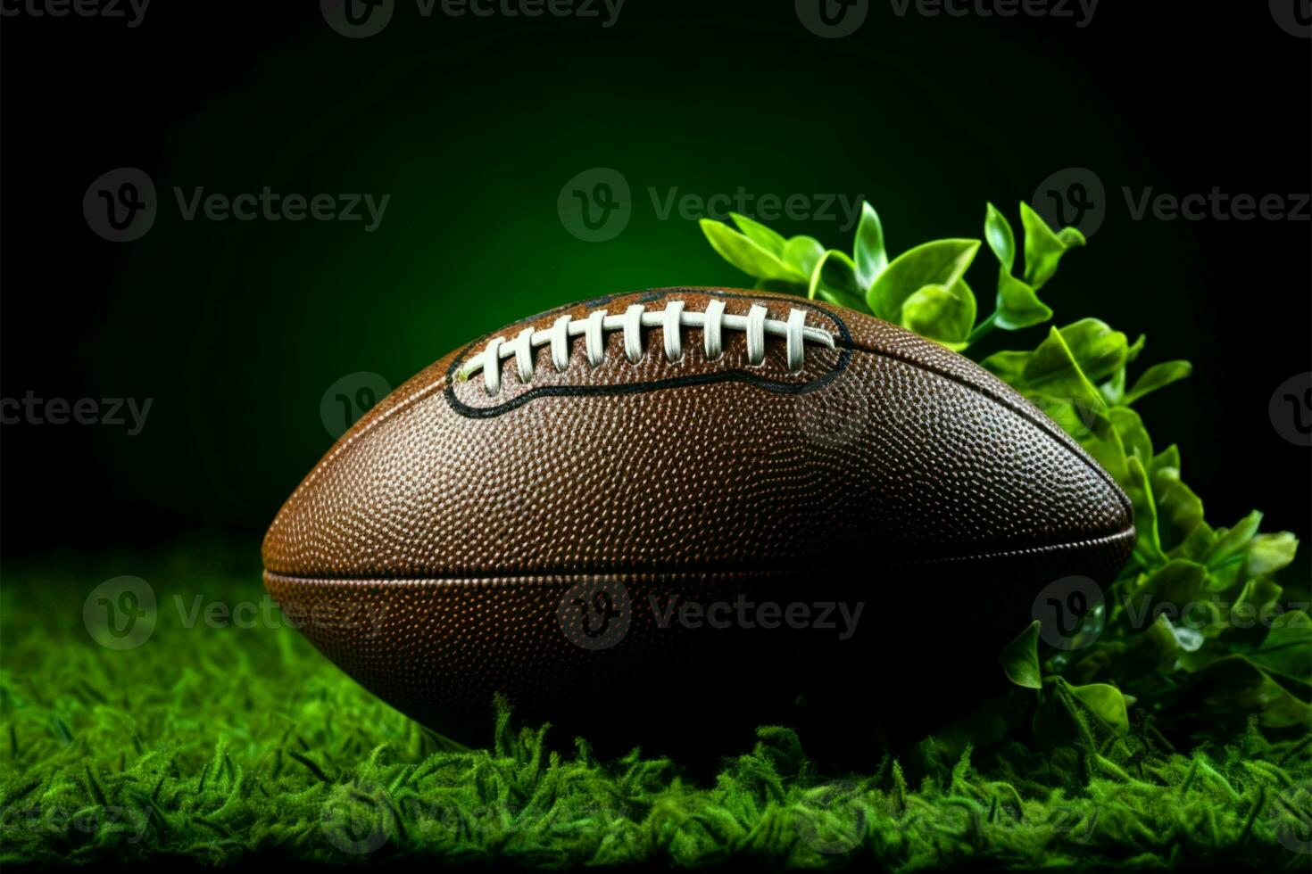 Green grass hosts an American football, strikingly isolated on black AI Generated photo