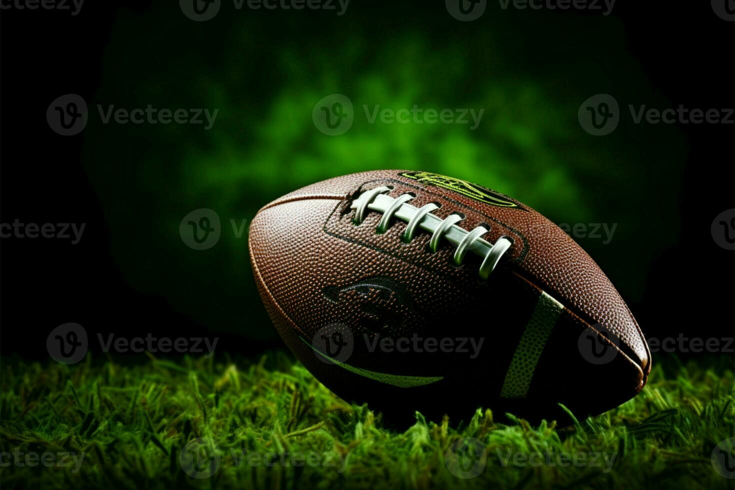 Green grass hosts an American football, strikingly isolated on black AI Generated photo