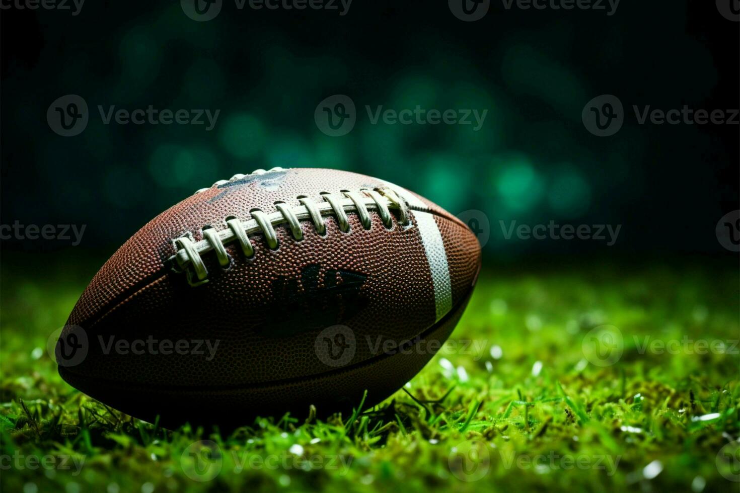 Gridiron ball on vibrant grass, starkly silhouetted against black AI Generated photo