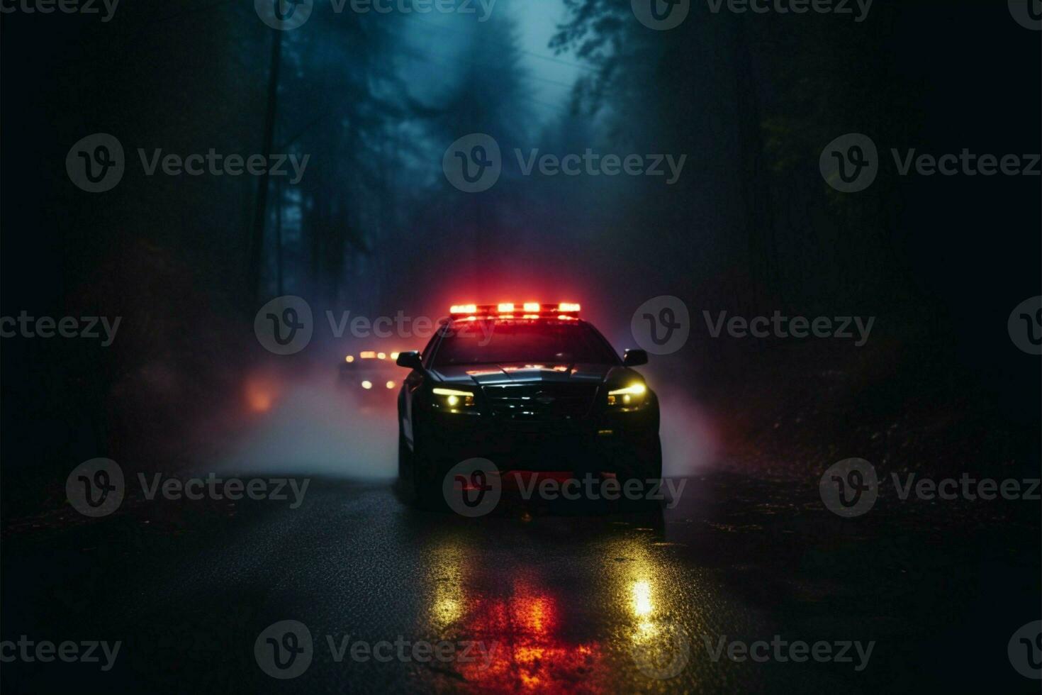 High speed police chase through foggy night, responding to a crime AI Generated photo