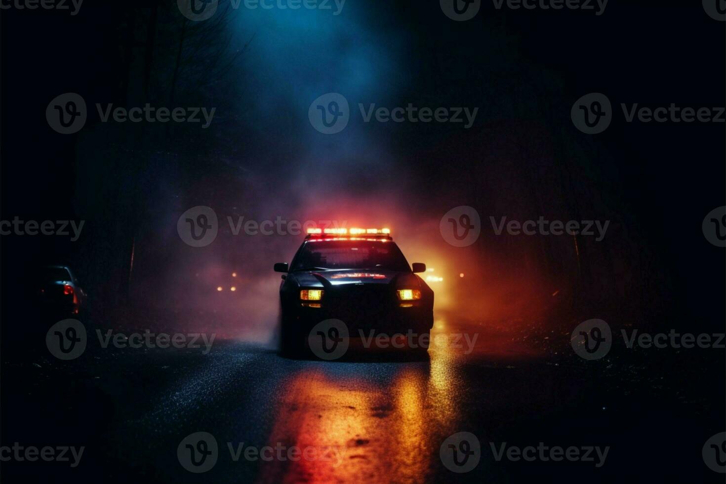 High speed police chase through foggy night, responding to a crime AI Generated photo
