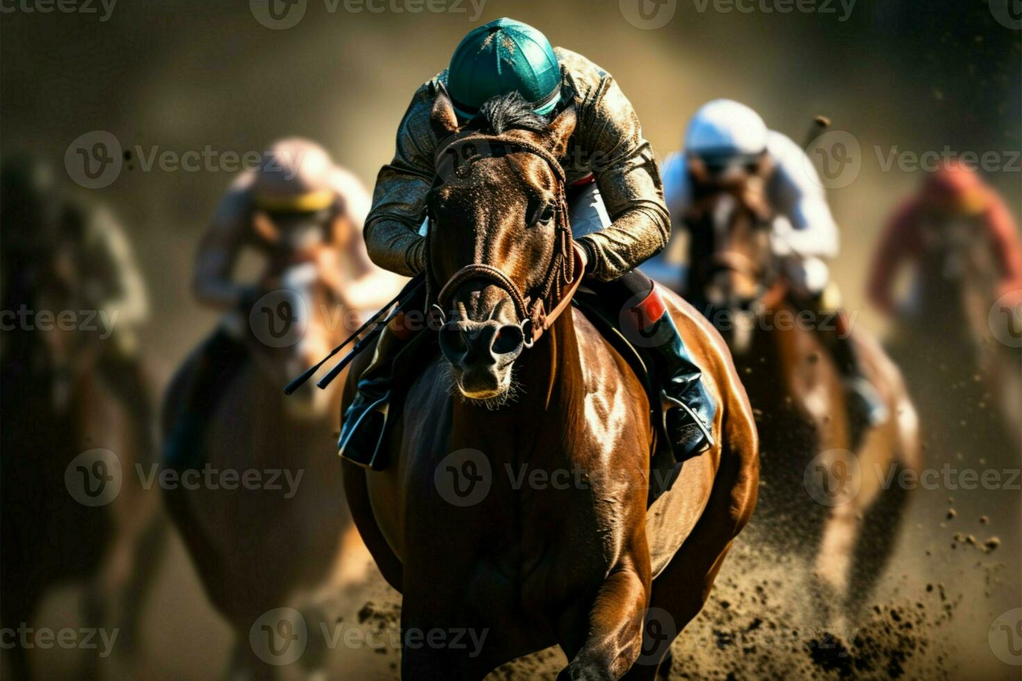 alto apuestas caballo carrera, jinetes y corceles esforzarse para polo posición ai generado foto