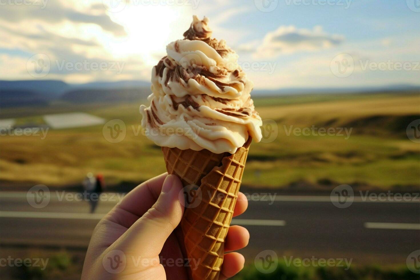 Icelandic flavor experience hand with soft serve, nature in background AI Generated photo