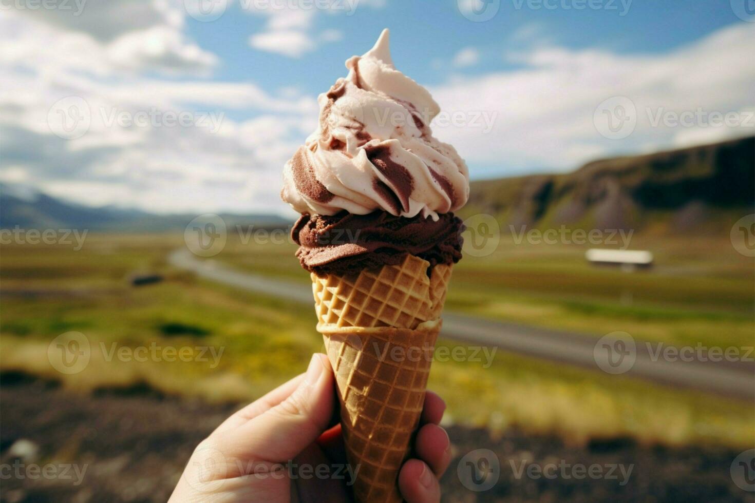 Icelandic flavor experience hand with soft serve, nature in background AI Generated photo