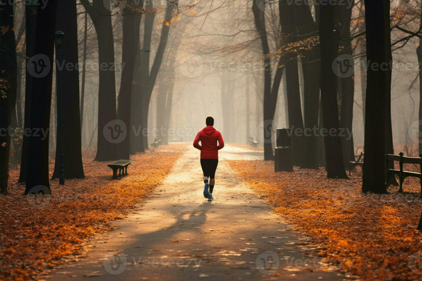 en el brumoso parque de otoño, un dedicado corredor persiste ai generado foto