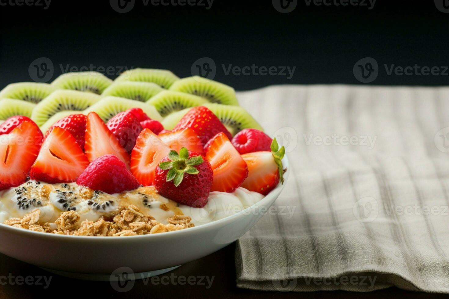 A nutritious breakfast featuring yogurt, muesli, kiwi, strawberries, and banana AI Generated photo
