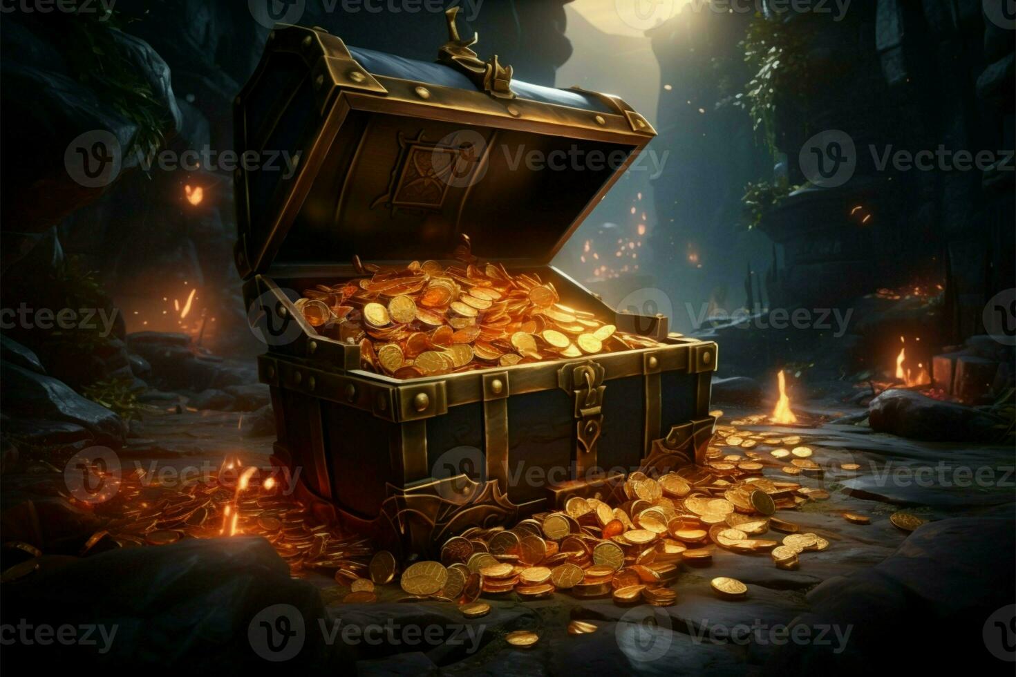 Island backdrop with a treasure chest brimming with gleaming gold coins AI Generated photo