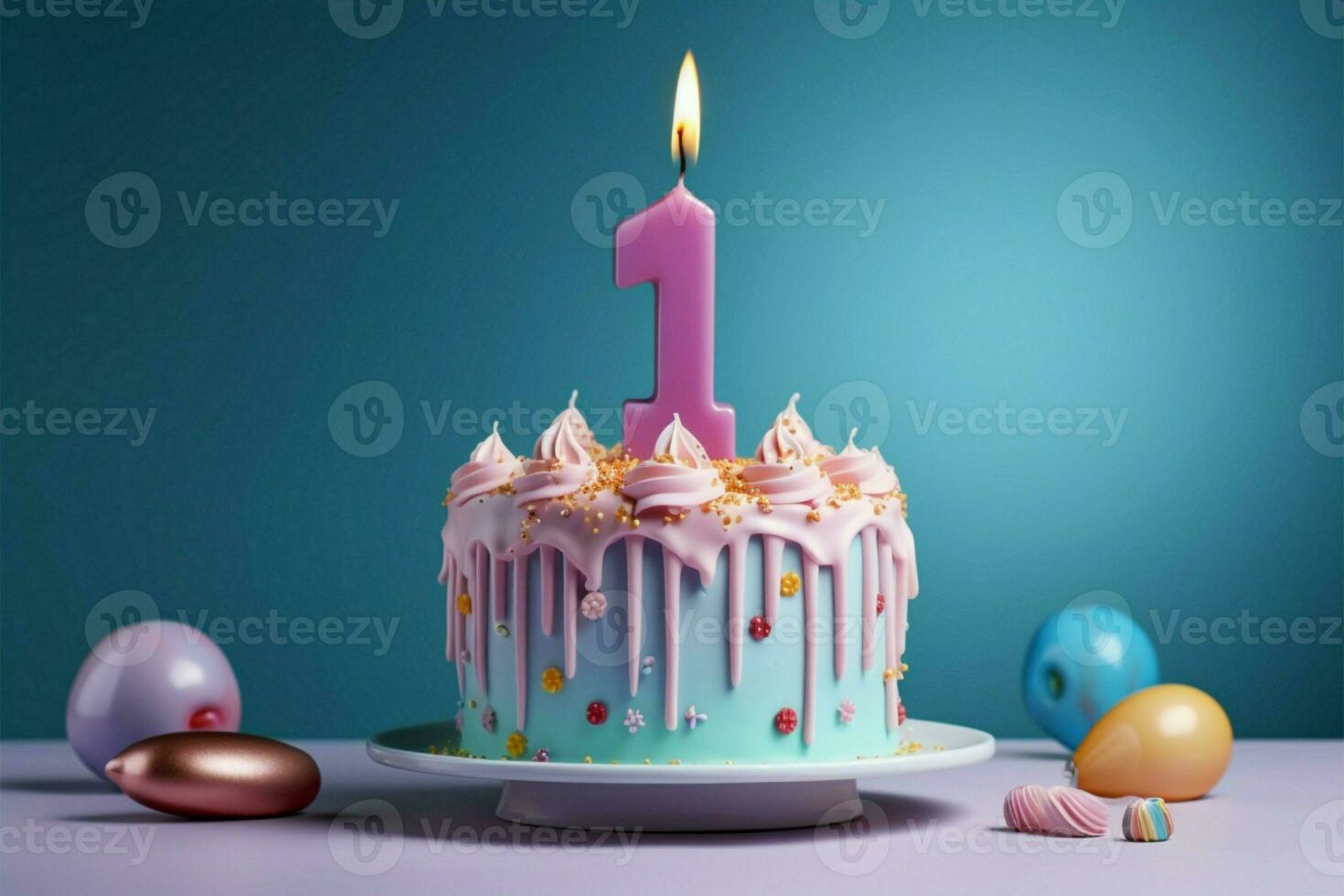 Isolated pastel charm, 1st years cake shines in birthday celebration AI Generated photo