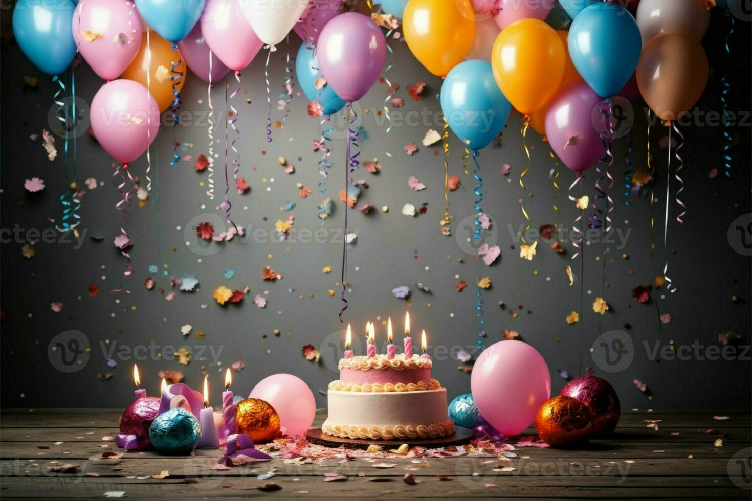 alegre cumpleaños fondo adornado con globos, pastel, y iluminado velas ai generado foto