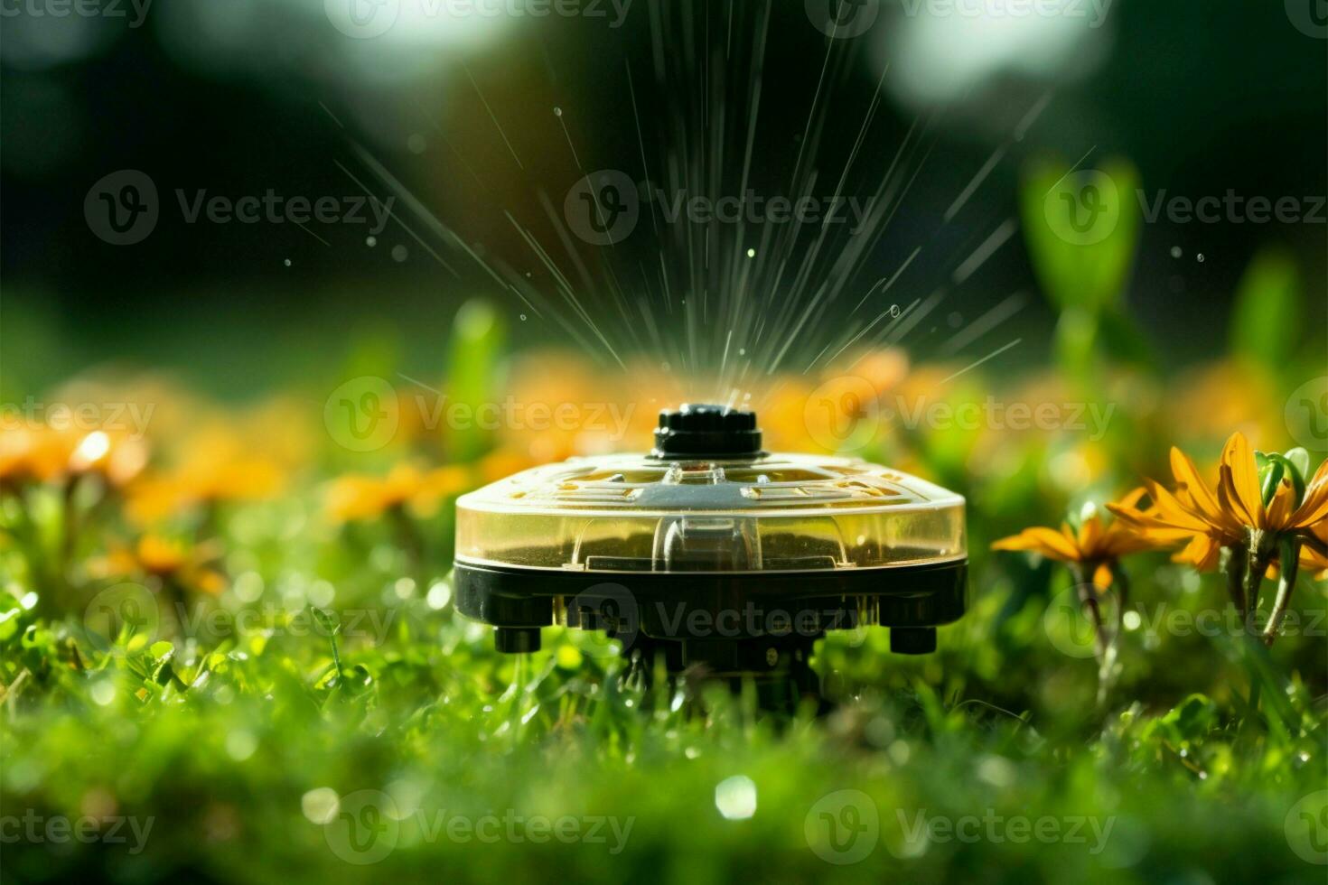 Lawn irrigation Automatic sprinkler system conserves water, with adjustable head AI Generated photo