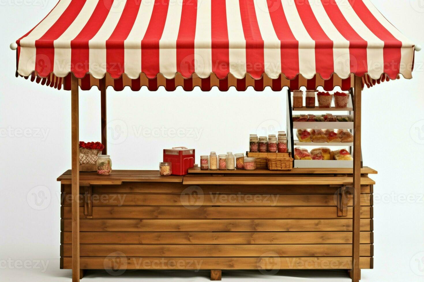 Market stall with a charming wooden stand and striped red white awning AI Generated photo