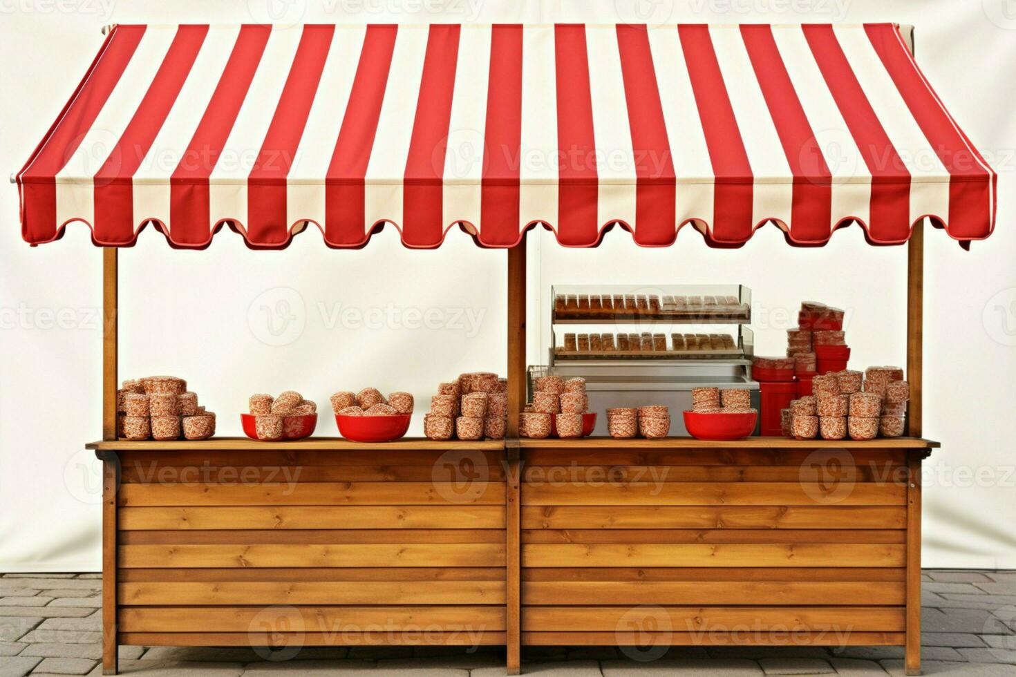 Market stall with a charming wooden stand and striped red white awning AI Generated photo