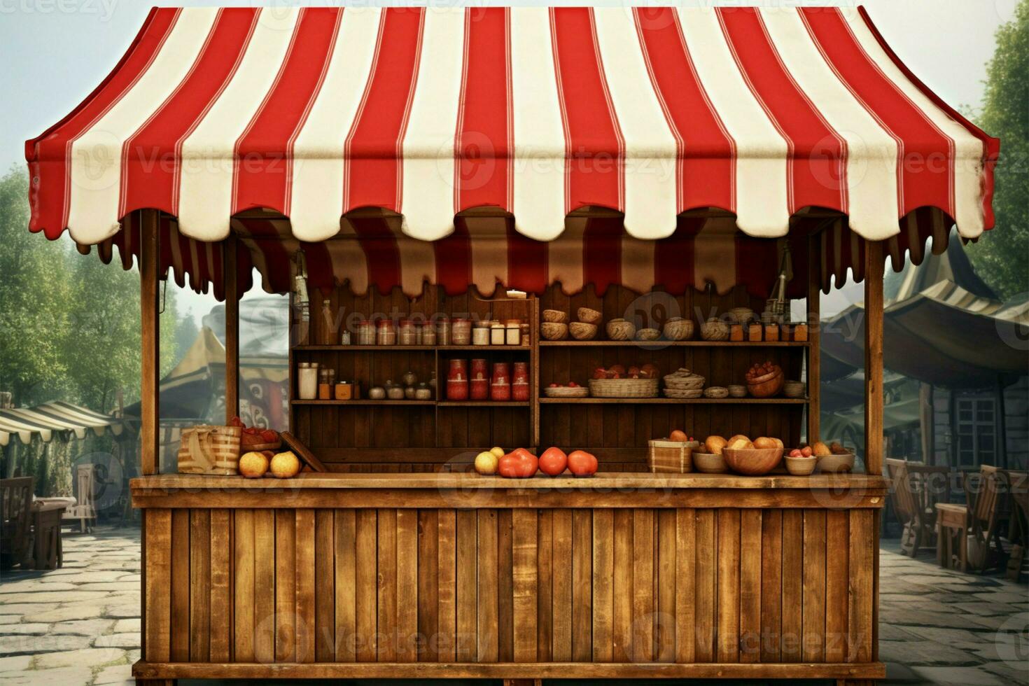 A rustic market stall with a traditional red white striped canopy AI Generated photo