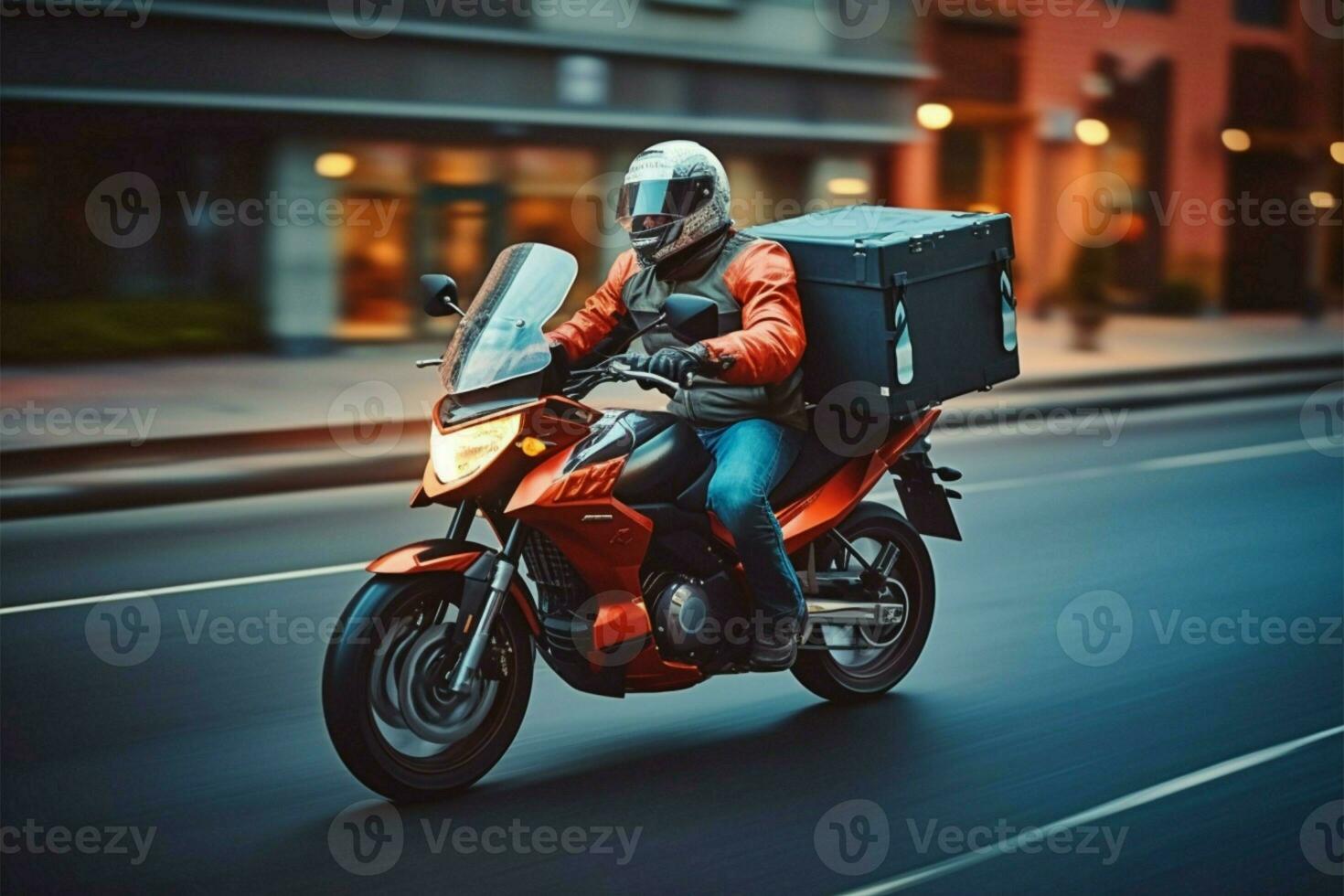 moto mensajero velocidades con térmico mochila, entregando comida pedidos eficientemente ai generado foto