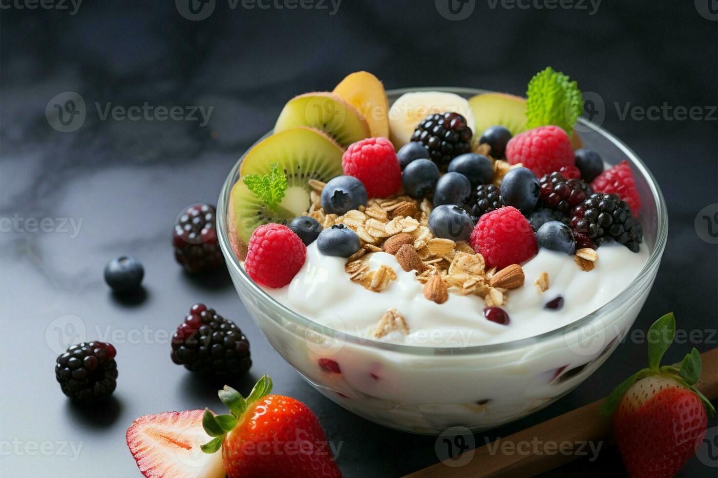 Nutrient packed oat granola bowl with fruits, yogurt, and nuts AI Generated photo