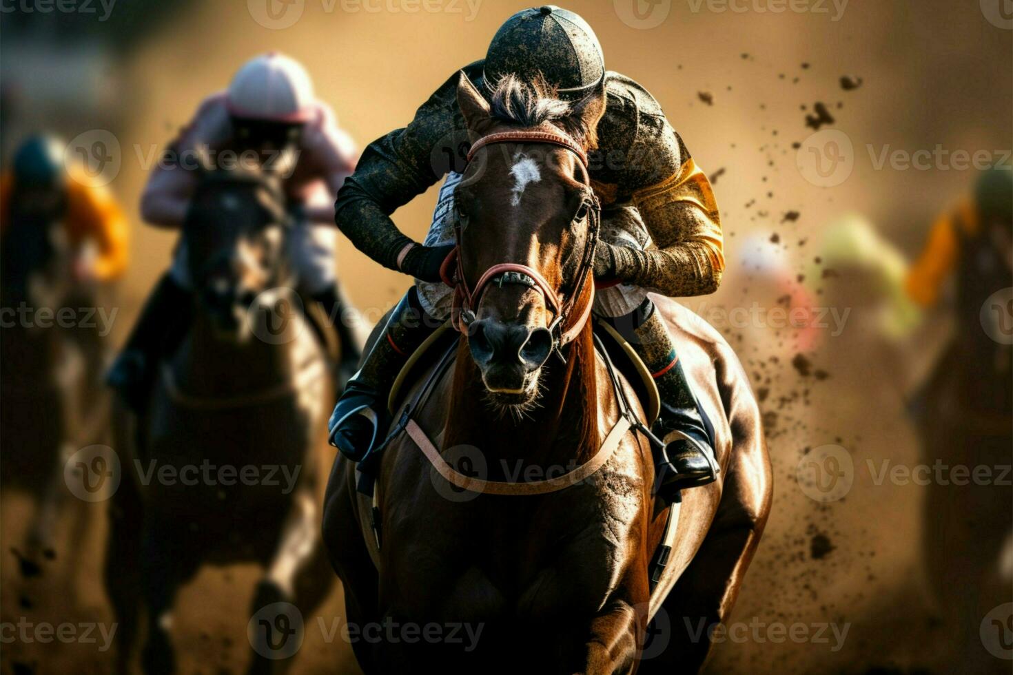 en el pista, jinetes y caballos competir para el parte superior Mancha ai generado foto