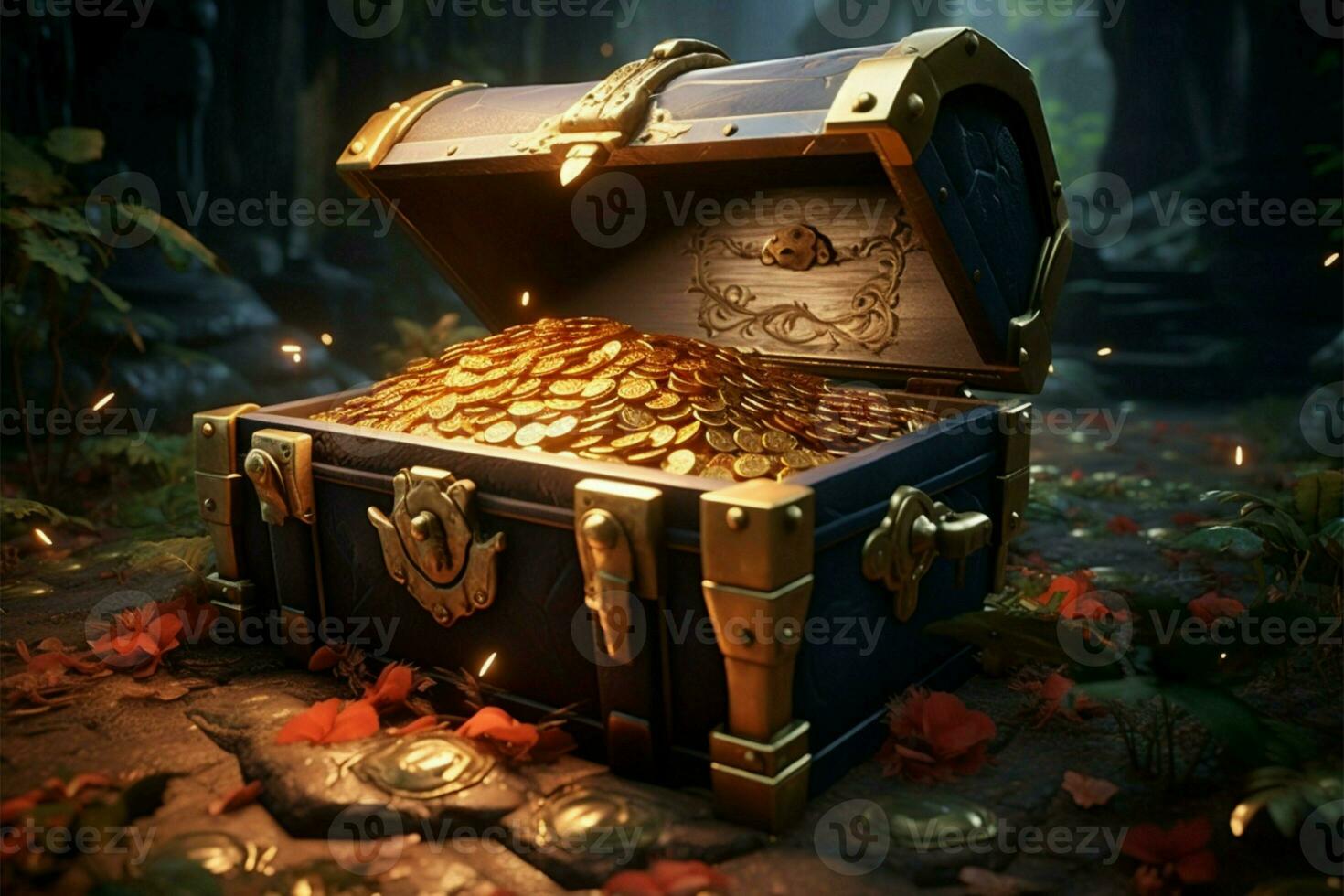 On a picturesque island, a treasure chest overflows with gold AI Generated photo