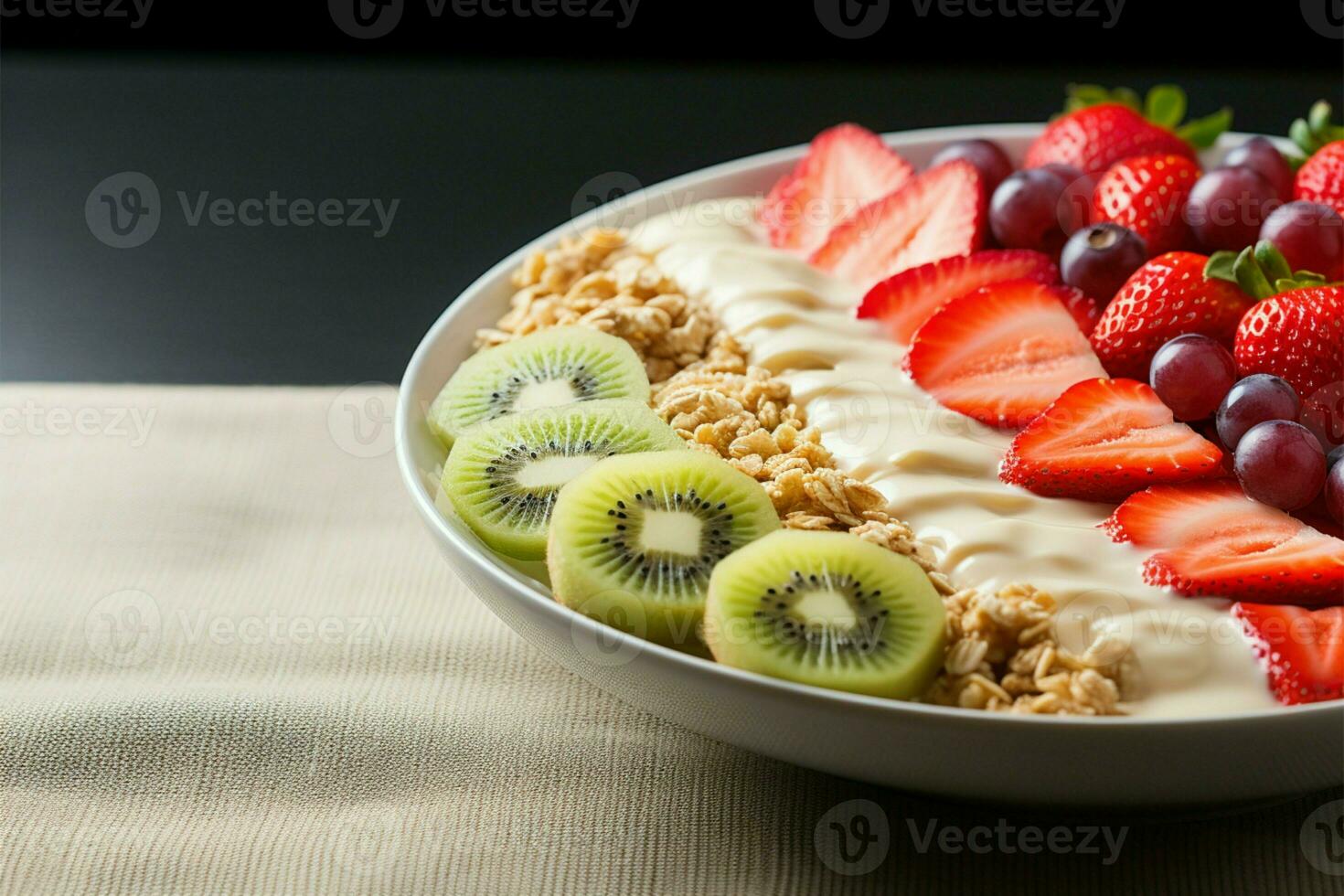 Plate with yogurt, muesli, kiwi, strawberries, and banana a wholesome breakfast AI Generated photo