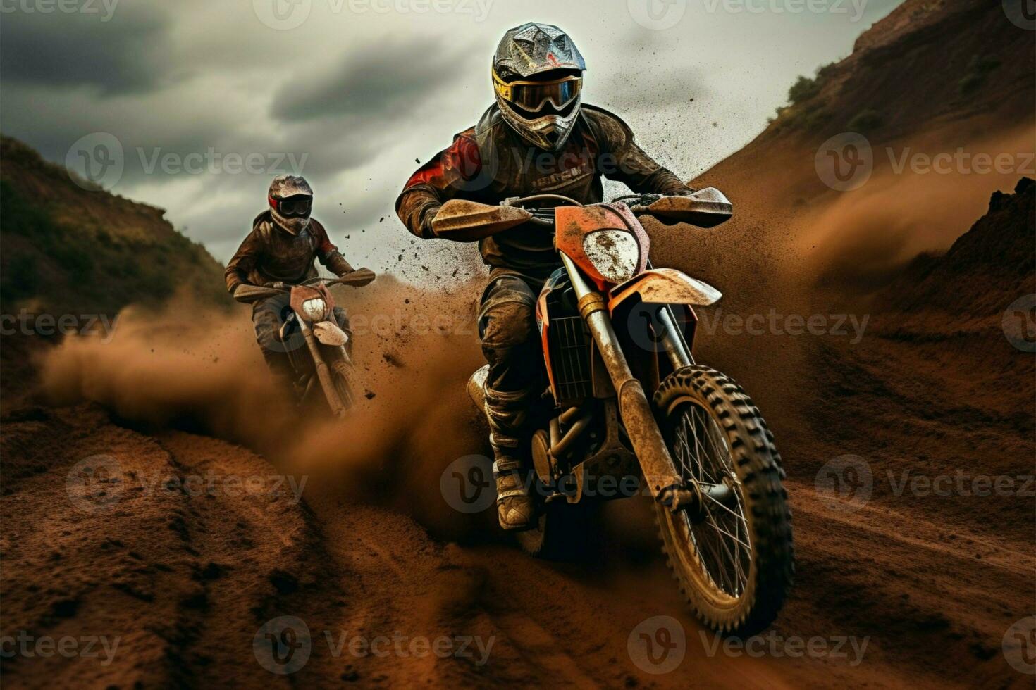 Racing enthusiasts on dirt bikes navigate a challenging dirt track AI Generated photo