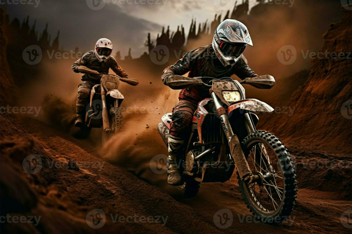 Racing enthusiasts on dirt bikes navigate a challenging dirt track AI Generated photo