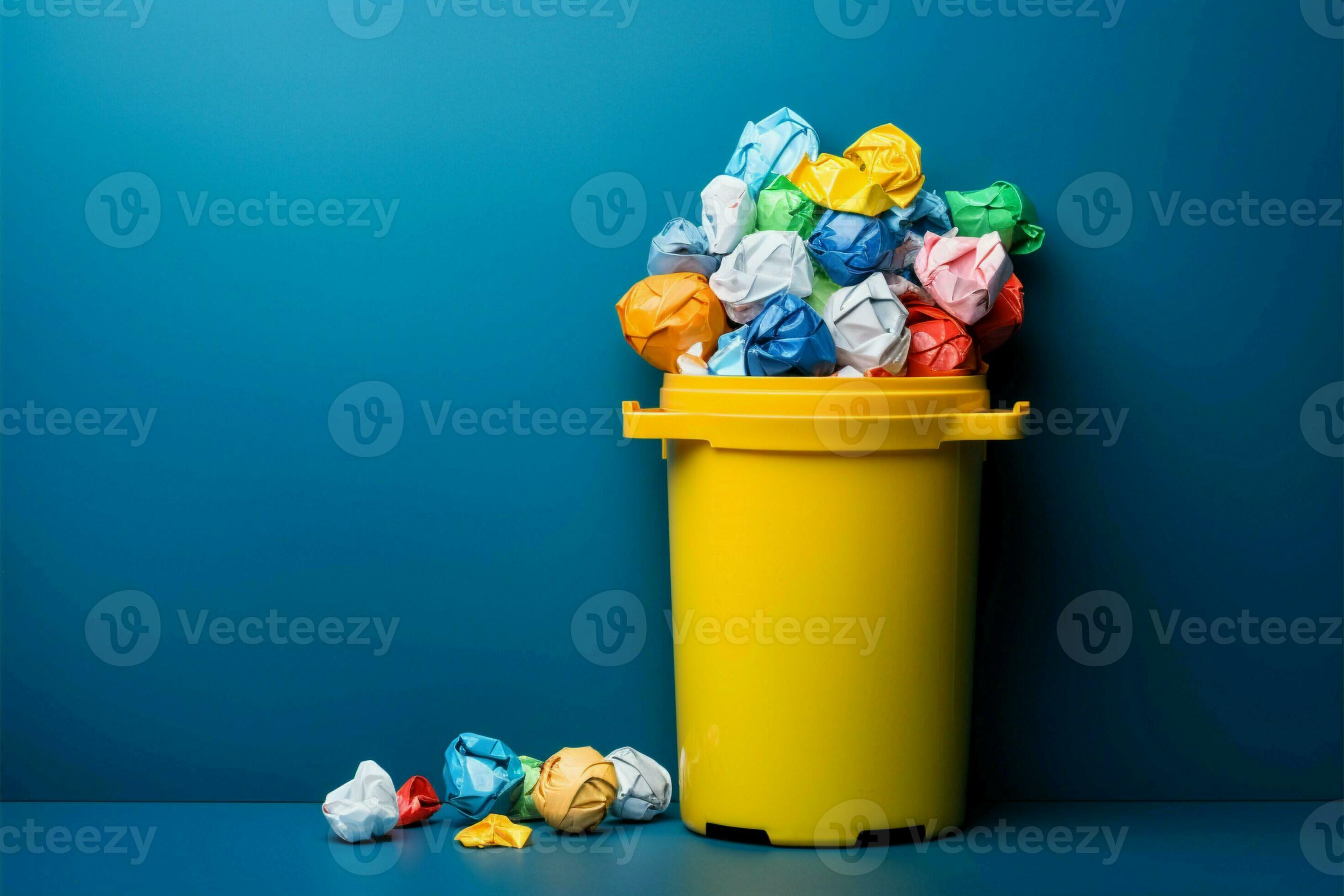 Recycling concept Blue bin filled with crumpled colorful paper balls AI