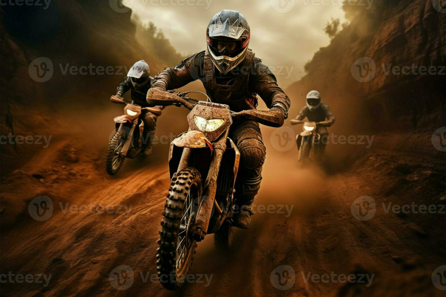 Riders on dirt bikes speeding through an exhilarating dirt track AI Generated photo