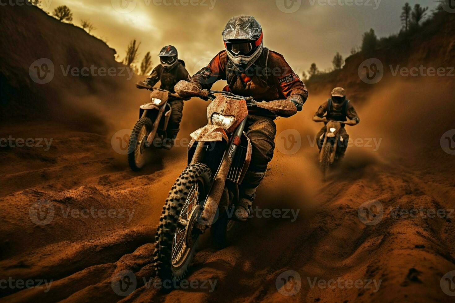 Riders on dirt bikes speeding through an exhilarating dirt track AI Generated photo