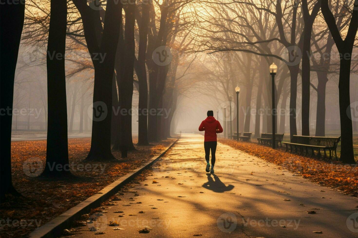 corredor valientes el brumoso, otoño Mañana en un tranquilo parque ai generado foto