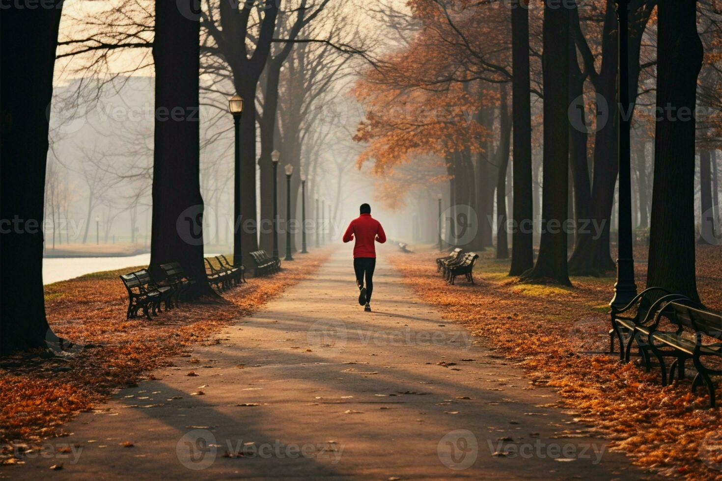 corredor valientes el brumoso, otoño Mañana en un tranquilo parque ai generado foto