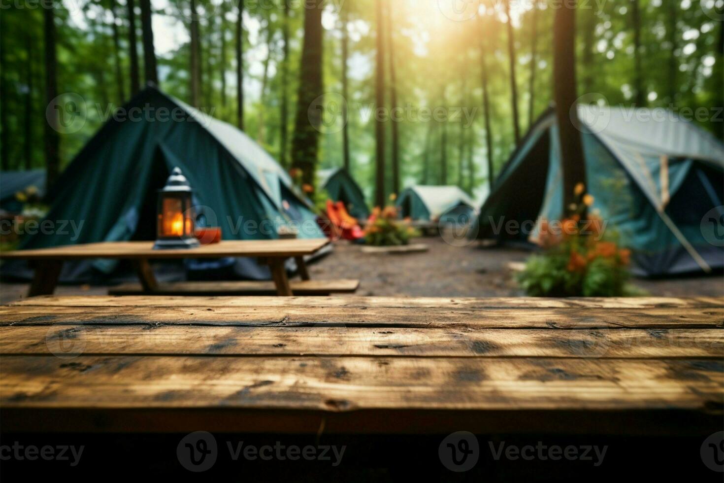 Rustic charm Wooden table amid blurred forest tents and camping AI Generated photo