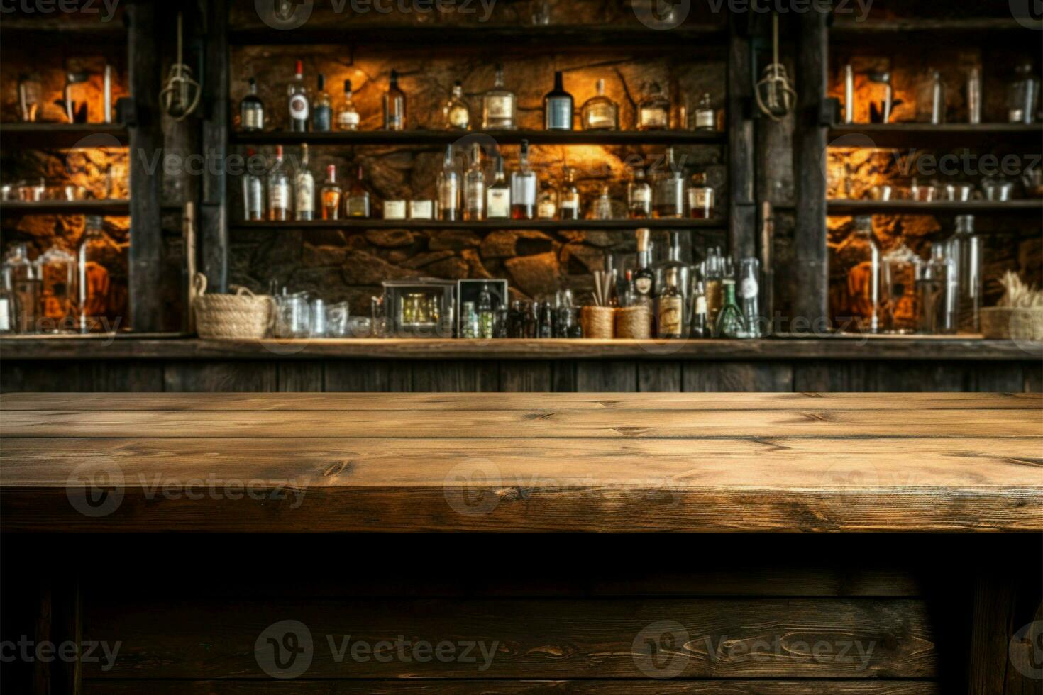 Rustic elegance Wooden bar desk with a blank canvas for decor AI Generated photo