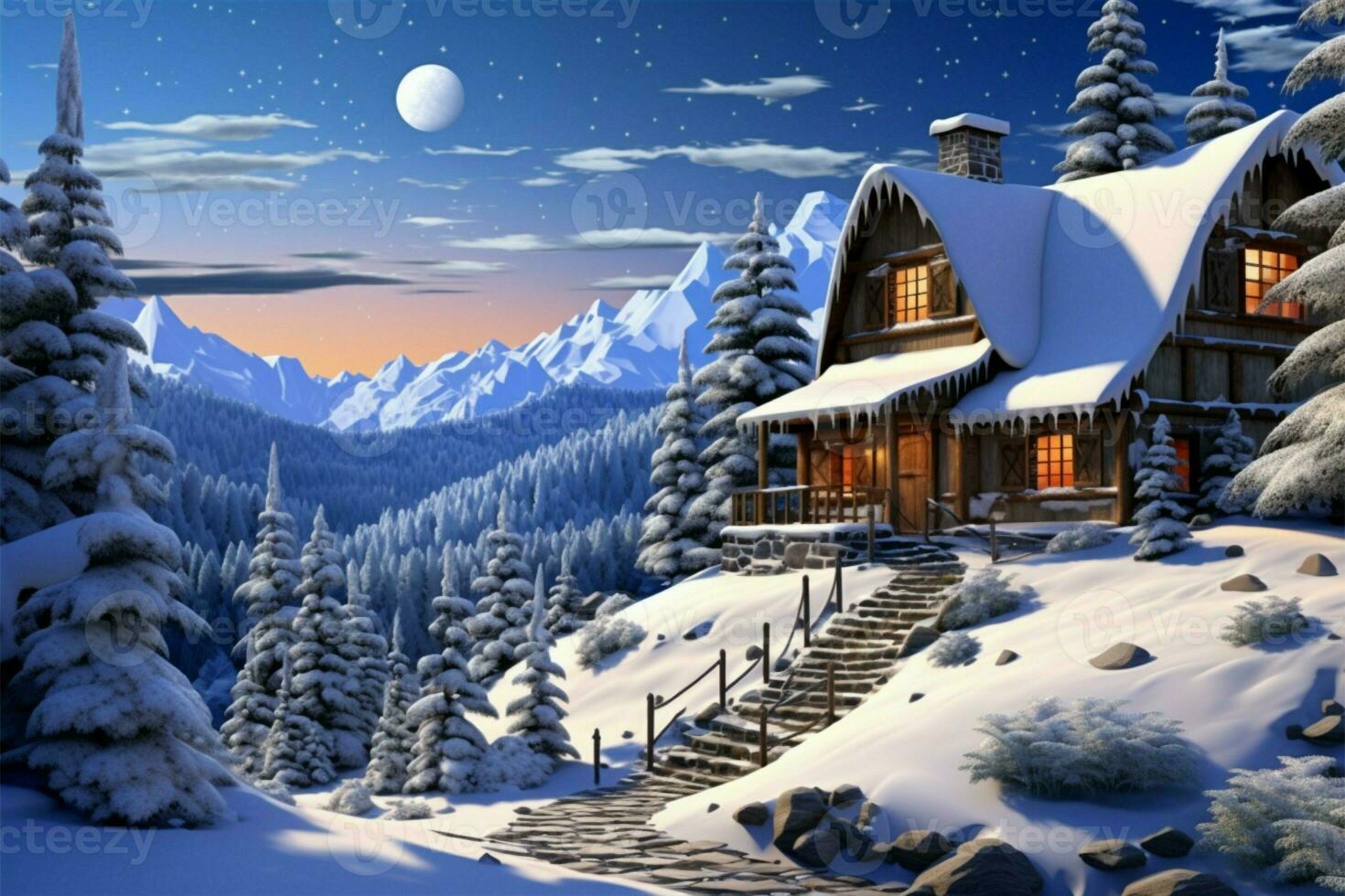 Snowy winter setting, a house nestled in the tranquil landscape AI Generated photo