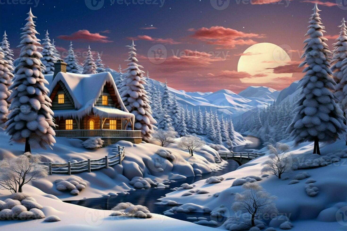 Snowy winter setting, a house nestled in the tranquil landscape AI Generated photo