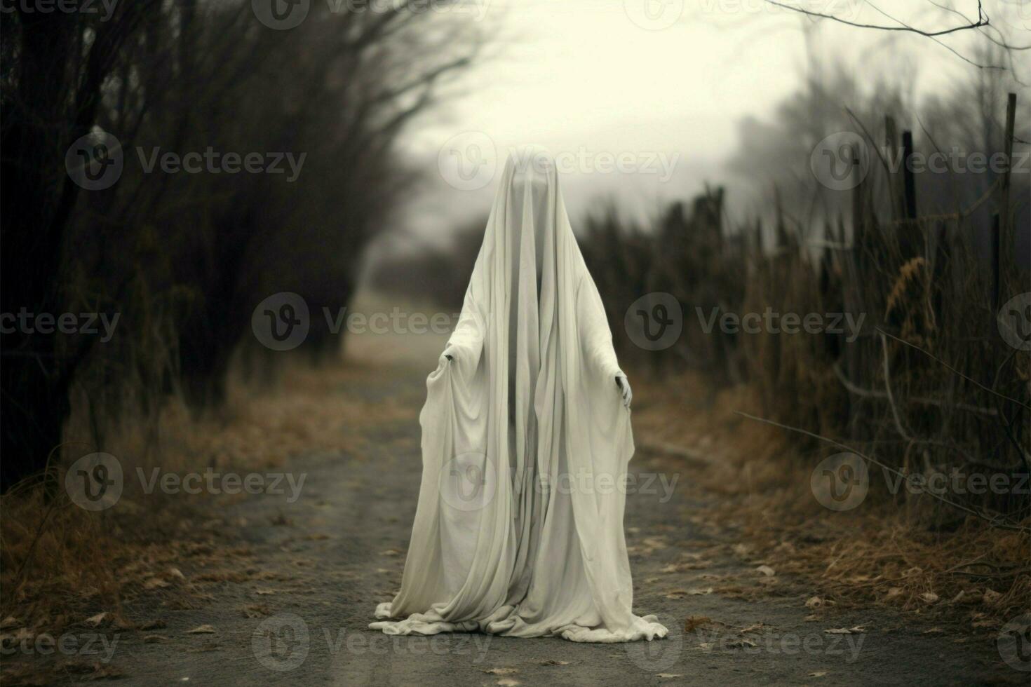 Spectral figure in vintage ghost sheet on eerie rural path AI Generated photo