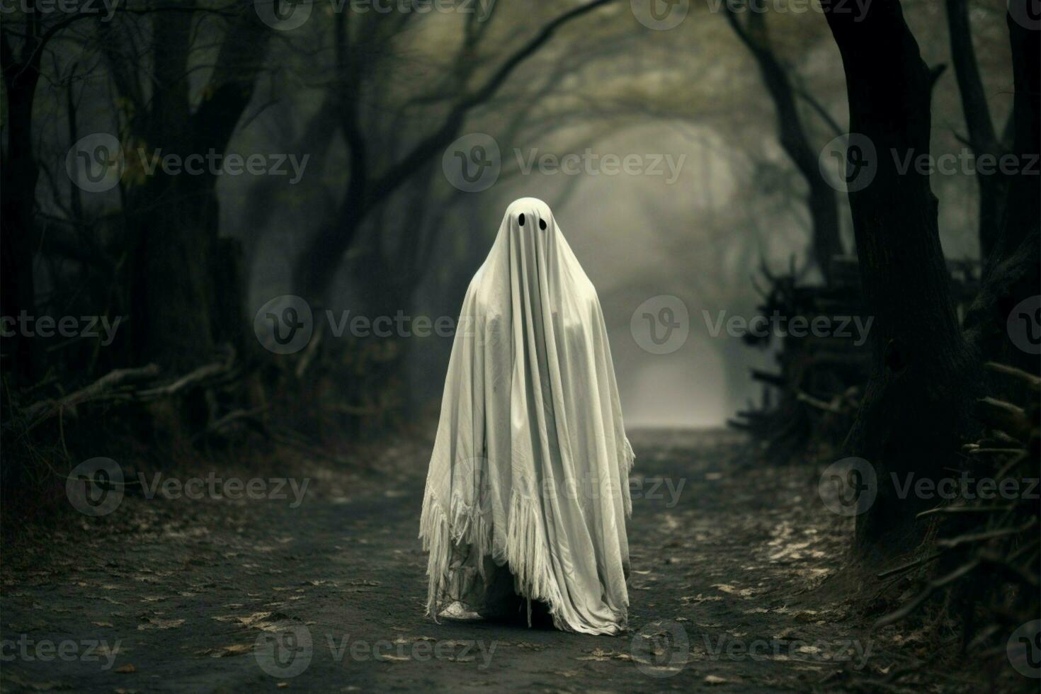 Spooky ghost shrouded in white sheet haunts a rustic trail AI Generated photo
