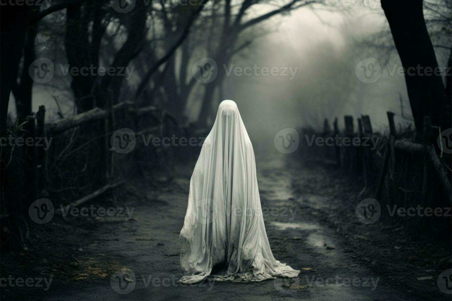 Spooky ghost shrouded in white sheet haunts a rustic trail AI Generated photo