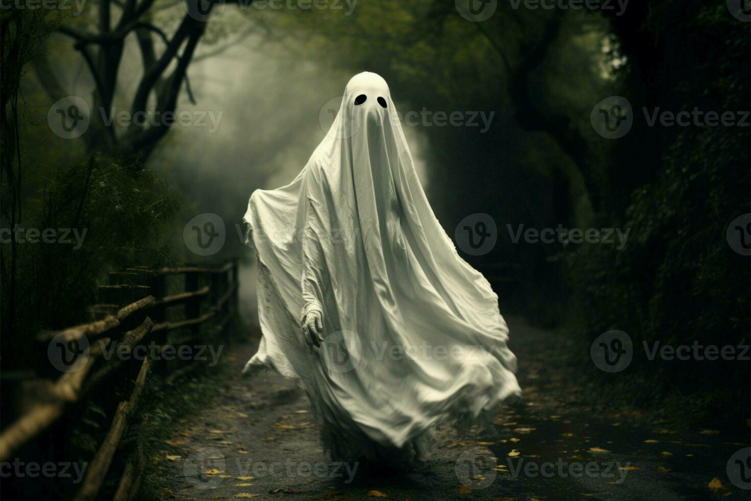 Spooky ghost shrouded in white sheet haunts a rustic trail AI Generated photo