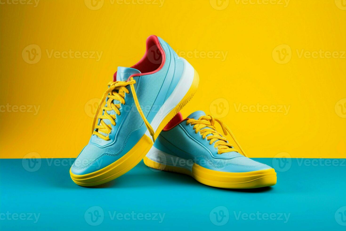 Sporty footwear Levitating blue sneakers with laces on yellow canvas AI Generated photo