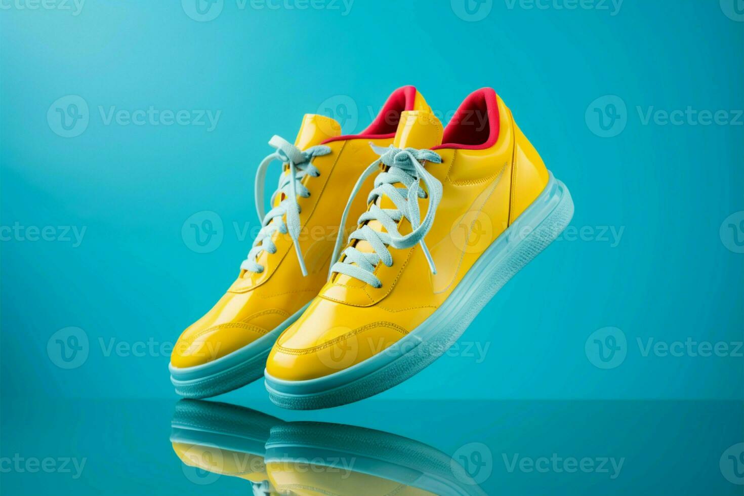 Sporty footwear Levitating blue sneakers with laces on yellow canvas AI Generated photo