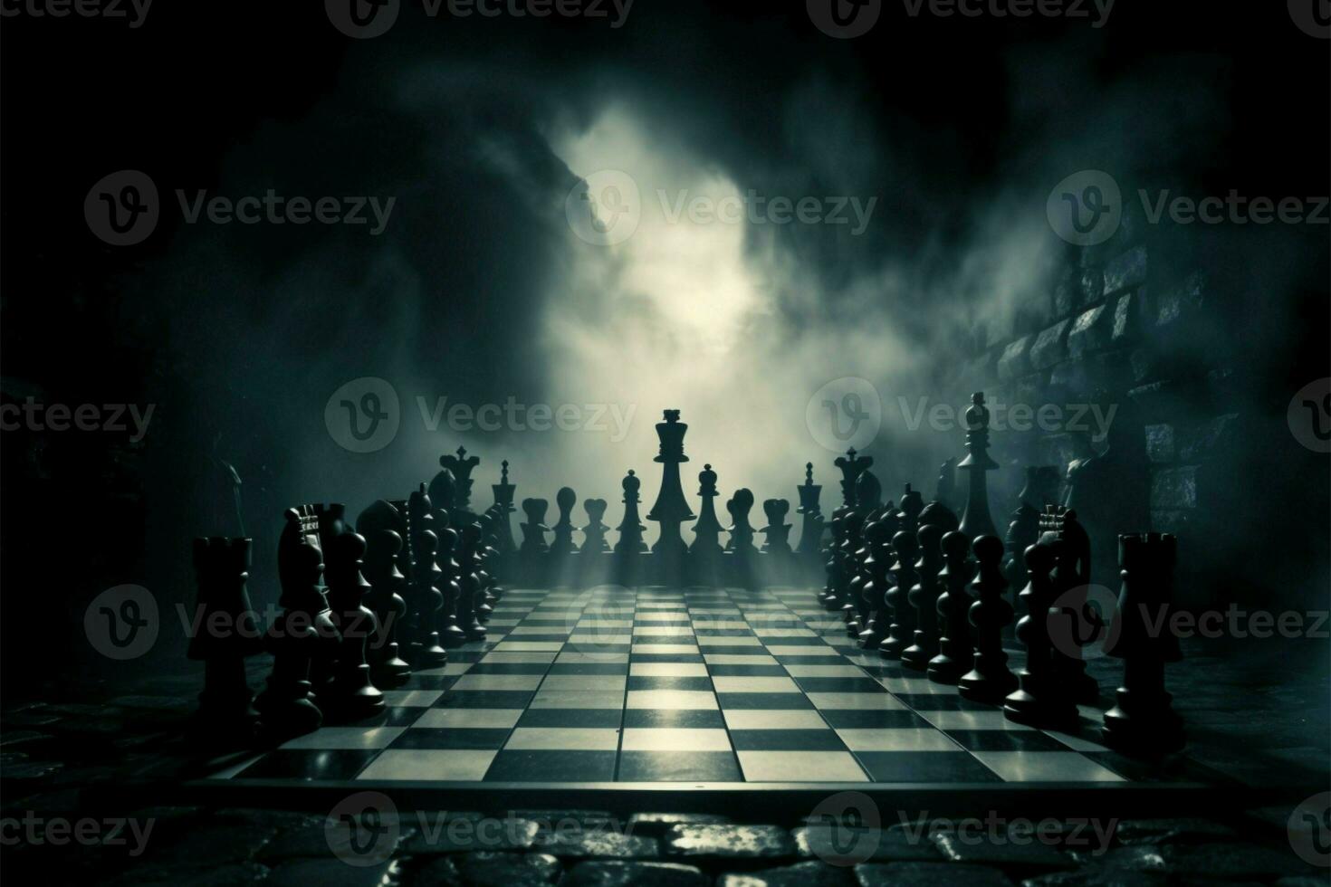 Strategic chess game in a foggy atmosphere signifies business competition AI Generated photo