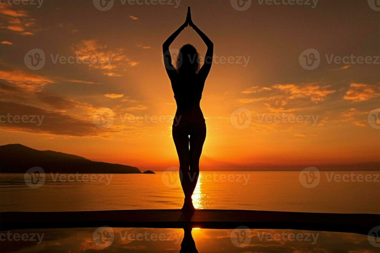 Sunrise silhouette A beautiful woman engages in morning yoga tranquility AI Generated photo