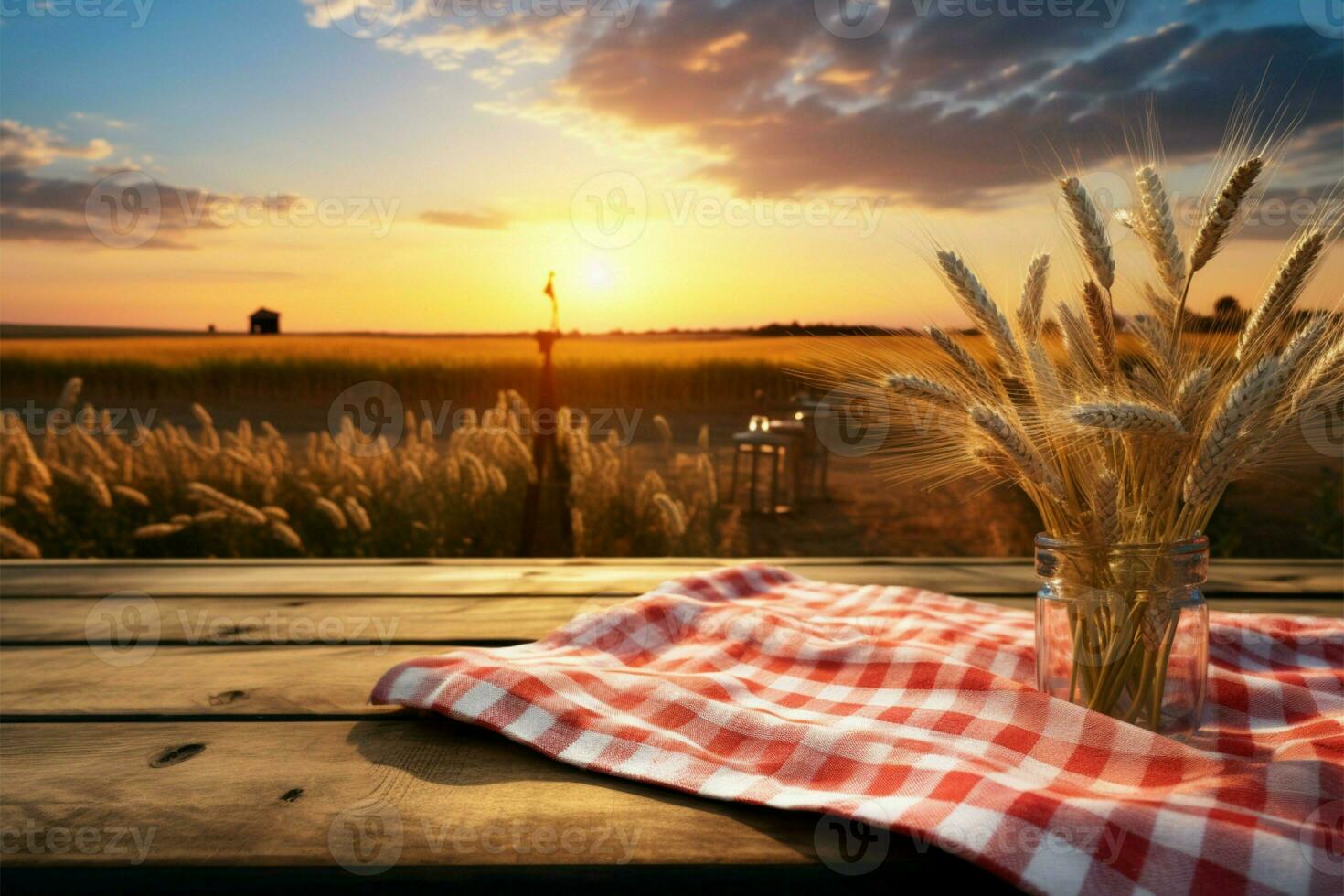 Sunset tableau Wooden board table by a wheat field, display ready AI Generated photo