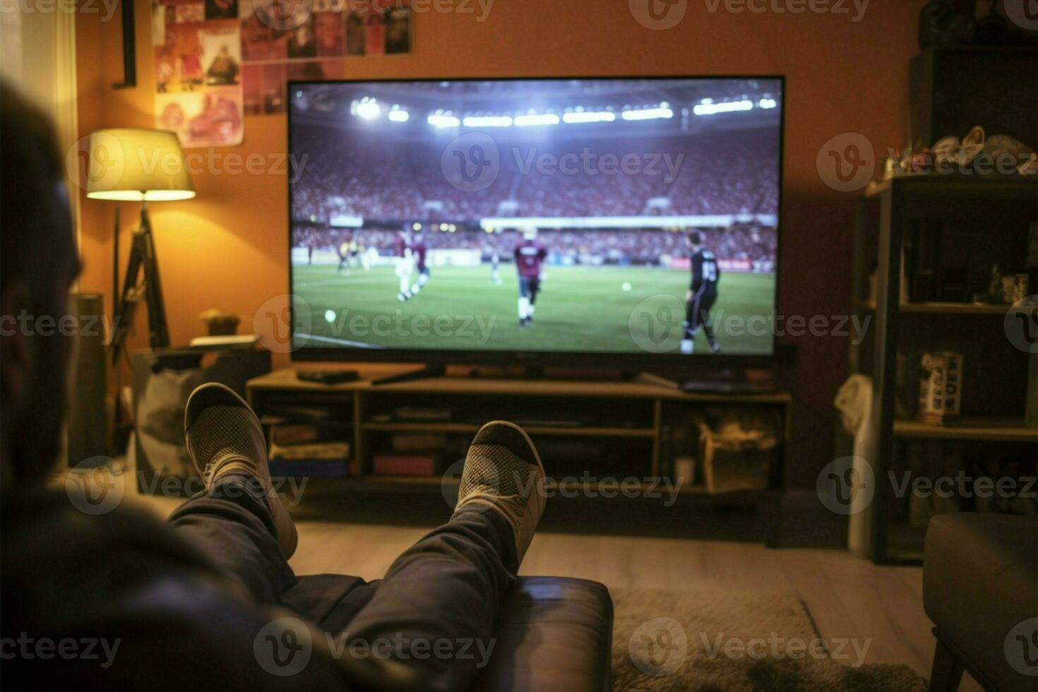 tomando en un televisión fútbol fósforo, con pies cómodamente en mesa ai generado foto