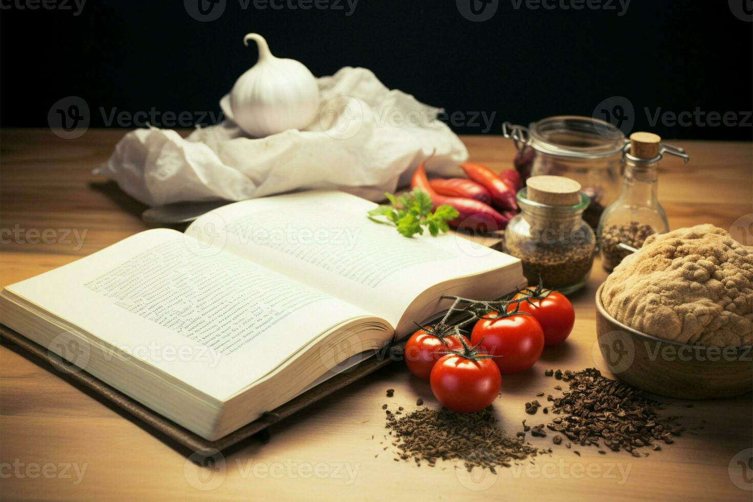 el cocineros sombrero, receta libro, y ingredientes unir para culinario magia ai generado foto