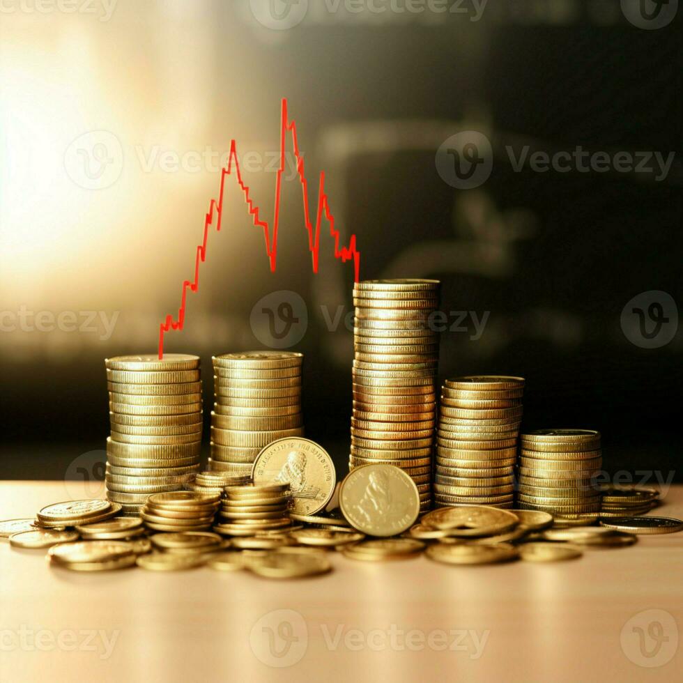 Gold coins on yellow backdrop with financial graph and red arrow AI Generated photo