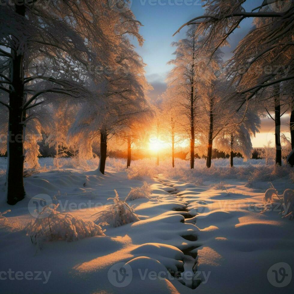 Golden winter sunset in the woodland, a moment of serene beauty AI Generated photo