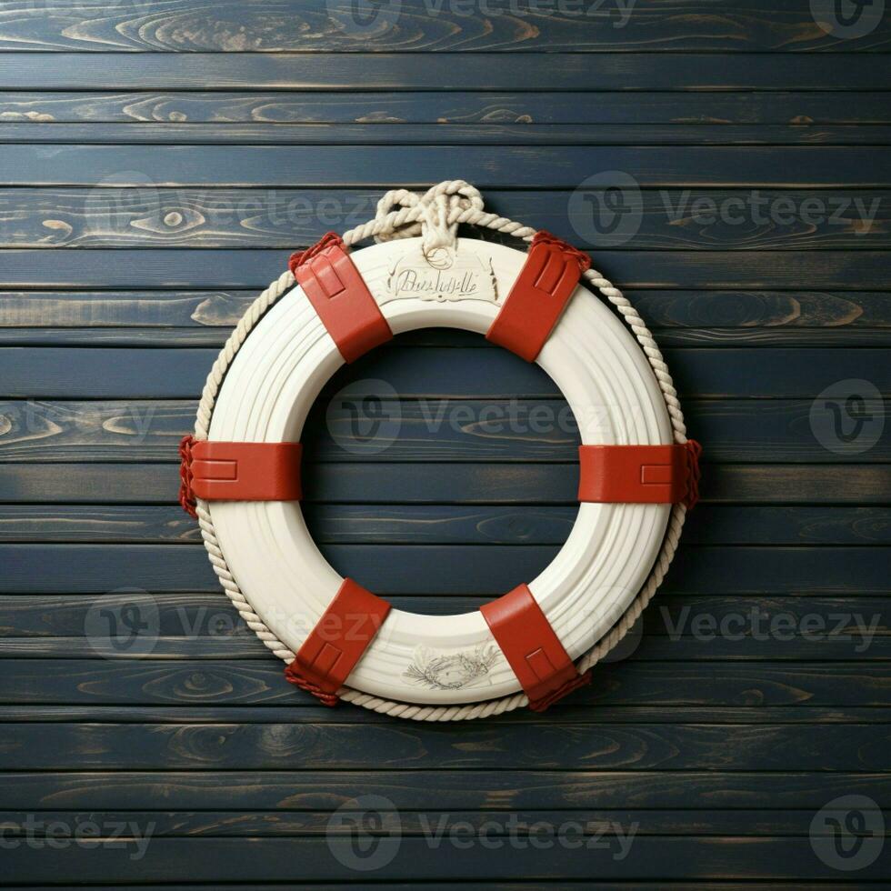 Lifebuoy with welcoming message on textured wooden backdrop, personalized text AI Generated photo