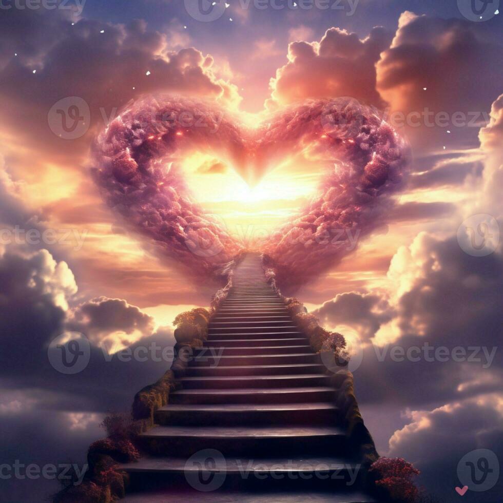 Love and faith intertwine with a stairway to a heart shaped sky AI Generated photo